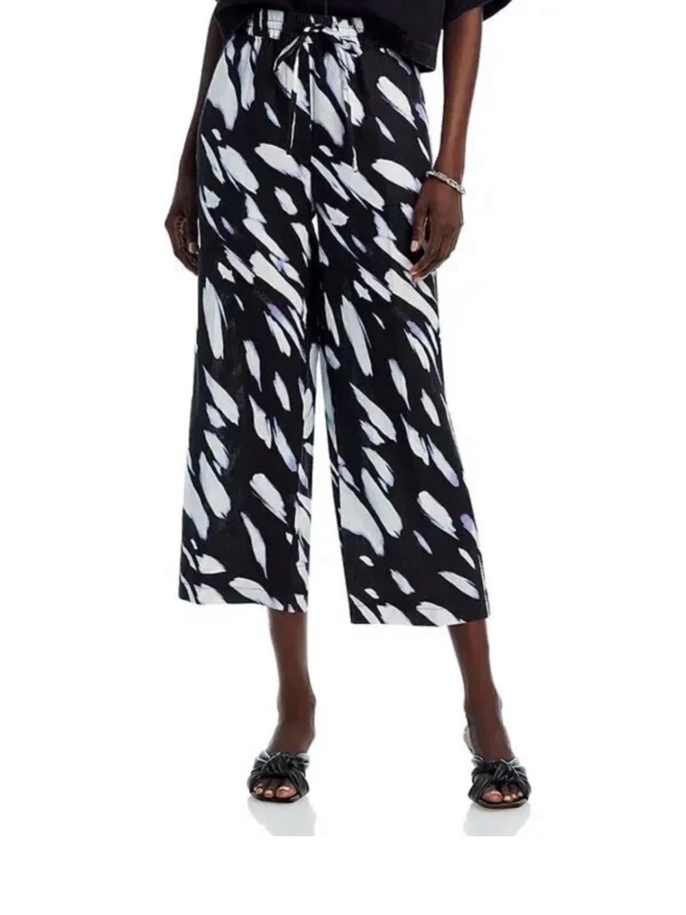 NWT Womens Pants Linen Printed Drawstring Black/ Wave Blue Multi size M - Picture 6 of 6